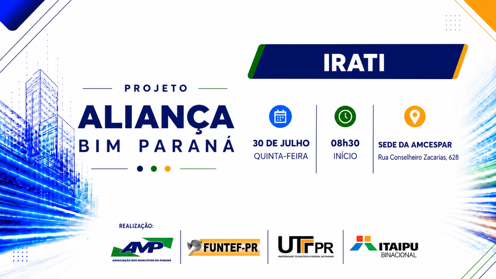 Projeto Aliança BIM Paraná promoverá reunião técnica com prefeituras da Amcespar e Amsulpar no dia 30 de julho, em Irati
