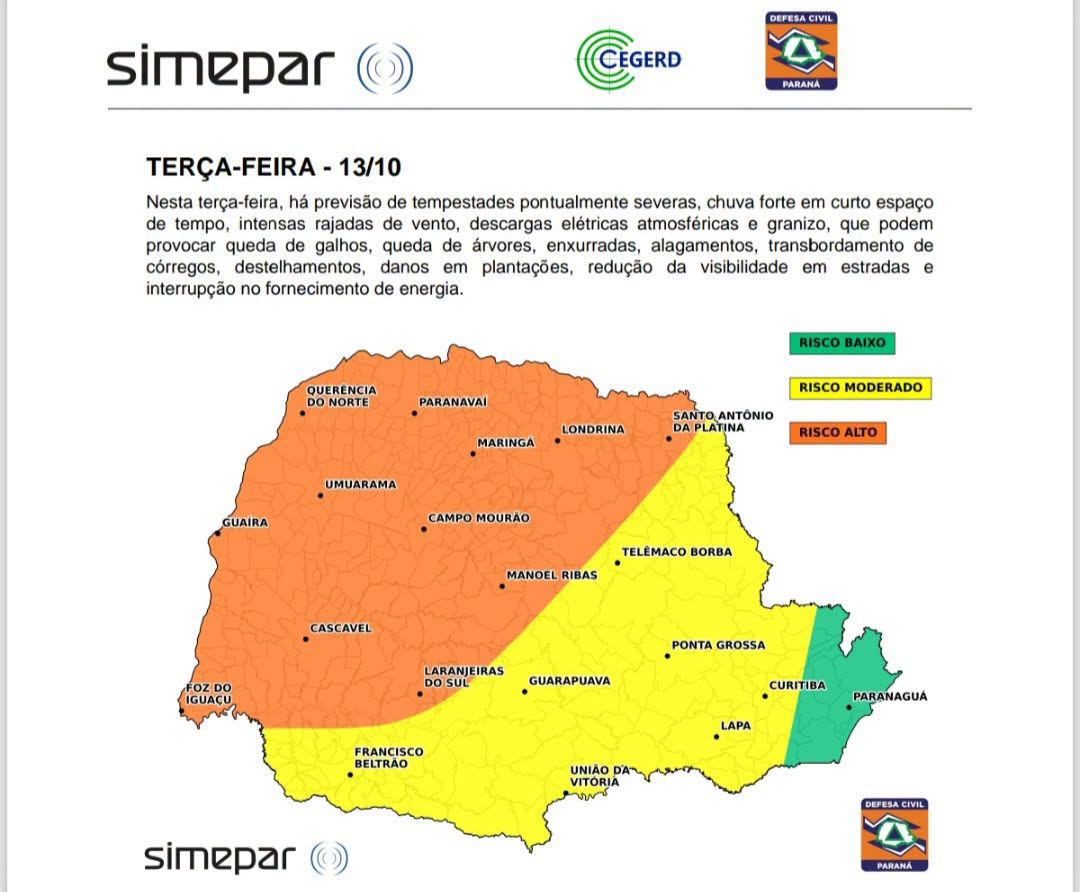 Paraná na mira de temporais violentos: chuva intensa, granizo e ventos fortes ameaçam cidades nesta terça-feira