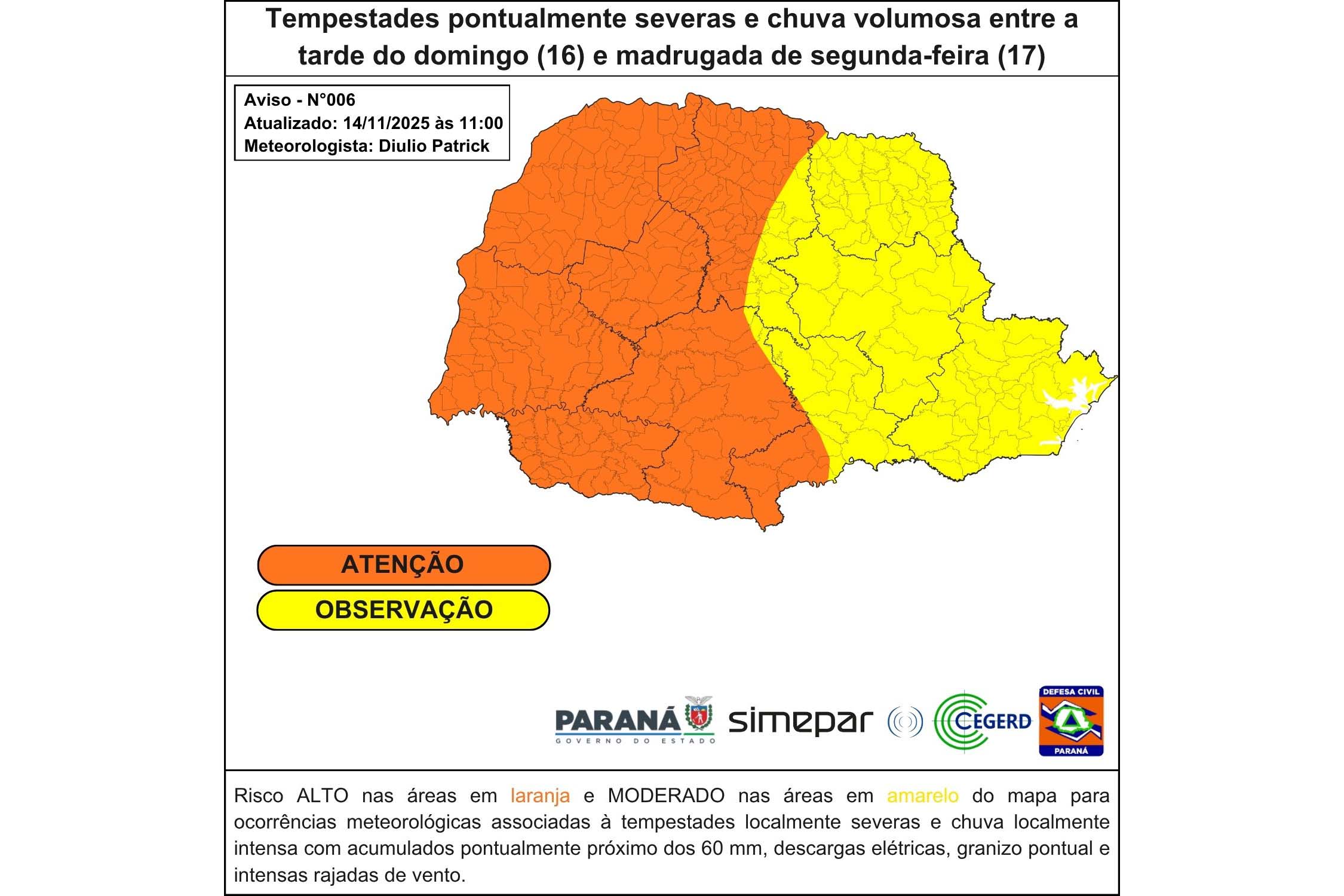Tempestades devem atingir Foz do Iguaçu no domingo, diz Simepar